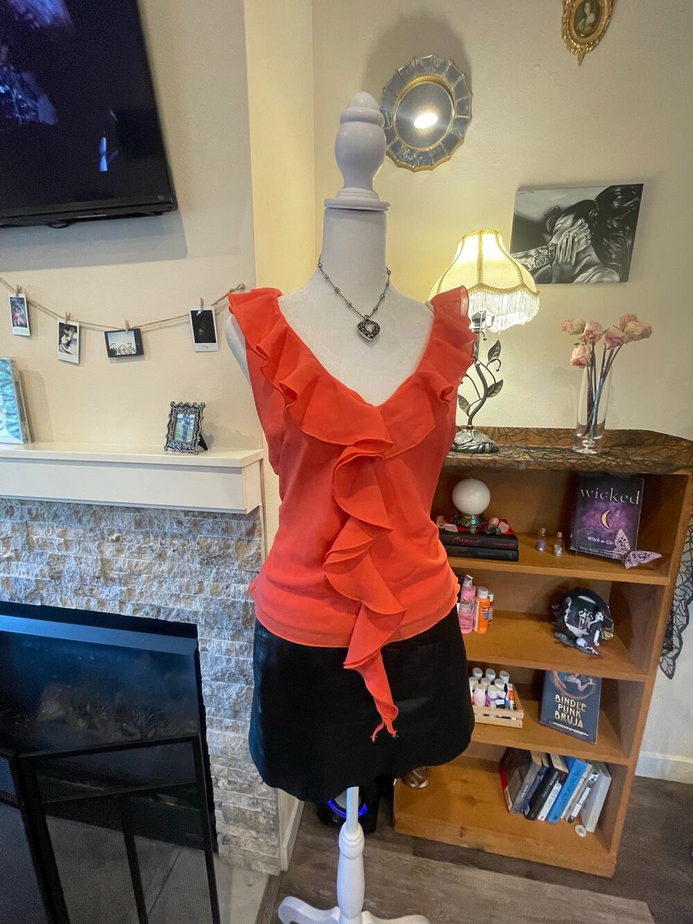 vintage made in USA orange ruffle sleeveless blouse